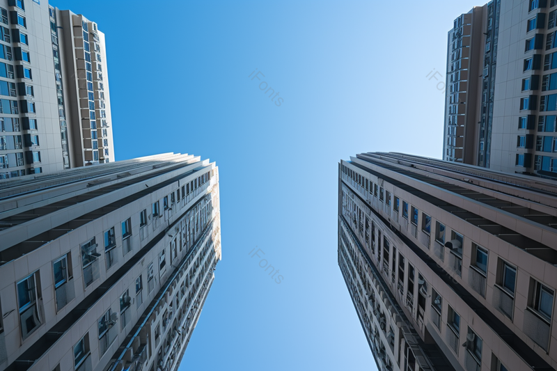 蓝色天空下的现代城市都市高楼大厦房屋建筑仰拍视角图像摄影,高清,摄影图,摄影图片,图片大全,摄影图免费下载